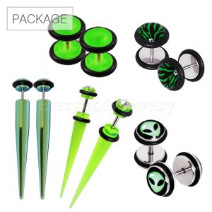 Product 10pc Package of Green Fake Plugs/Tapers in Assorted Designs