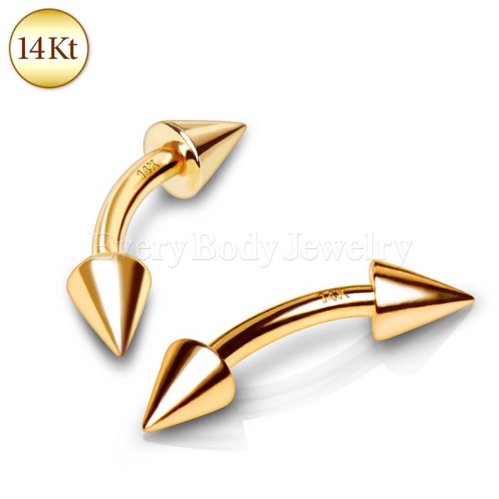 Cone Bar Ear Body 14K Solid Yellow Gold Spike Curved Barbell Eyebrow Ring 16g 