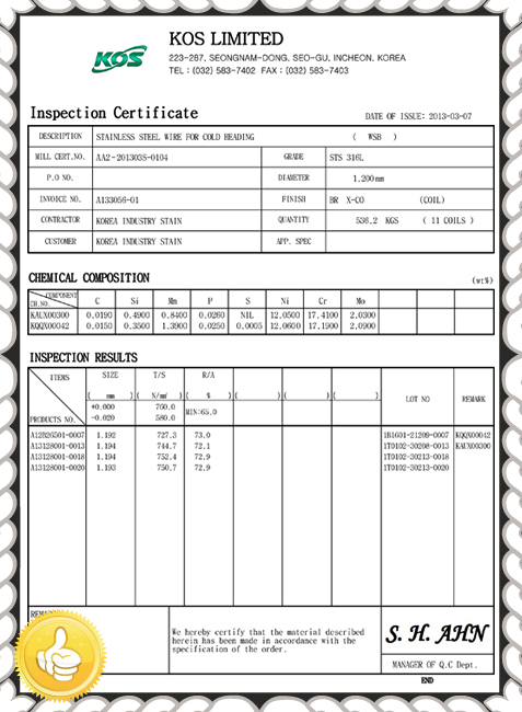 316L Surgical Steel Certificate