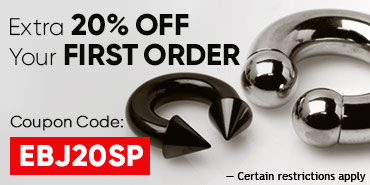 Steel Horseshoe and Black PVD Plated Horseshoe with Spikes, with text Extra 20% off your first order.  coupon code : EBJ20SP. Certain restrictions apply. Link to Promotion FAQ