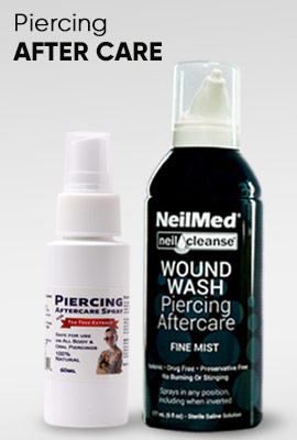 Neilmed piercing aftercare spray and wholelife piercing aftercare serum, with text Piercing after care, Link to Piercing aftercare