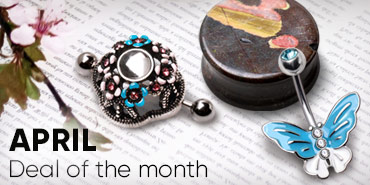 Natural Plum Blossom Jade Stone Saddle Plug, Flower Field Dome Shape Nipple Shield, and a Aqua Butterfly Navel Ring with text, April deal of the month. link to deal of the month page