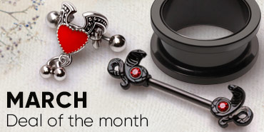 Black PVD Plated Screw Fit Tunnel Plug, Black PVD Plated Cobra Snake Nipple Bar, and a 316L Stainless Steel Antique Winged Heart Cartilage Cuff Earring with text, March deal of the month. link to deal of the month page