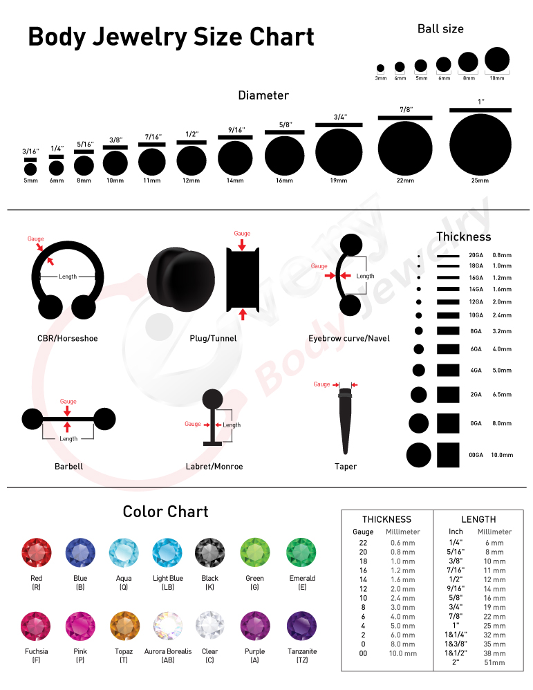 Body jewelry size chart showing diameter, thickness, length conversions from imperial units to metric units, how to measure body jewelry and color chart.